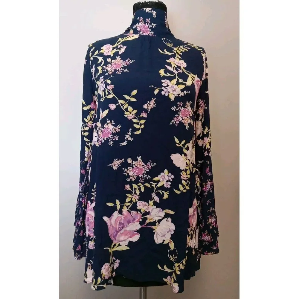Free People Tate Midnight Blue Floral Print Mock Neck Bell Sleeve Tunic Size XS‎